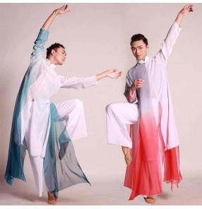 Men's red blue gradient chinese folk dance costumes hanfu traditional folk classical dance lion drum wushu kung fu uniforms for man